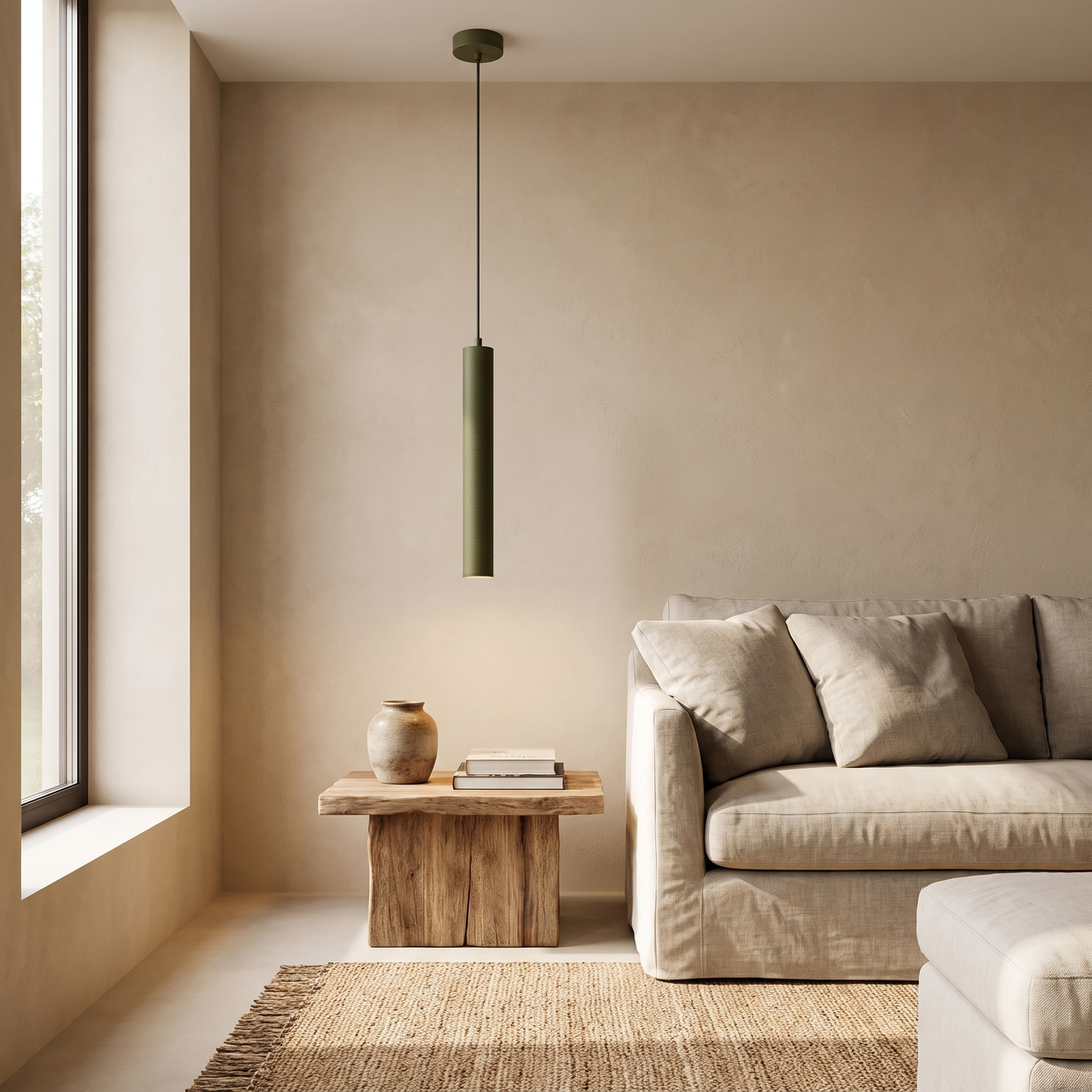 Dark khaki geometric LED pendant light in an earthy living room