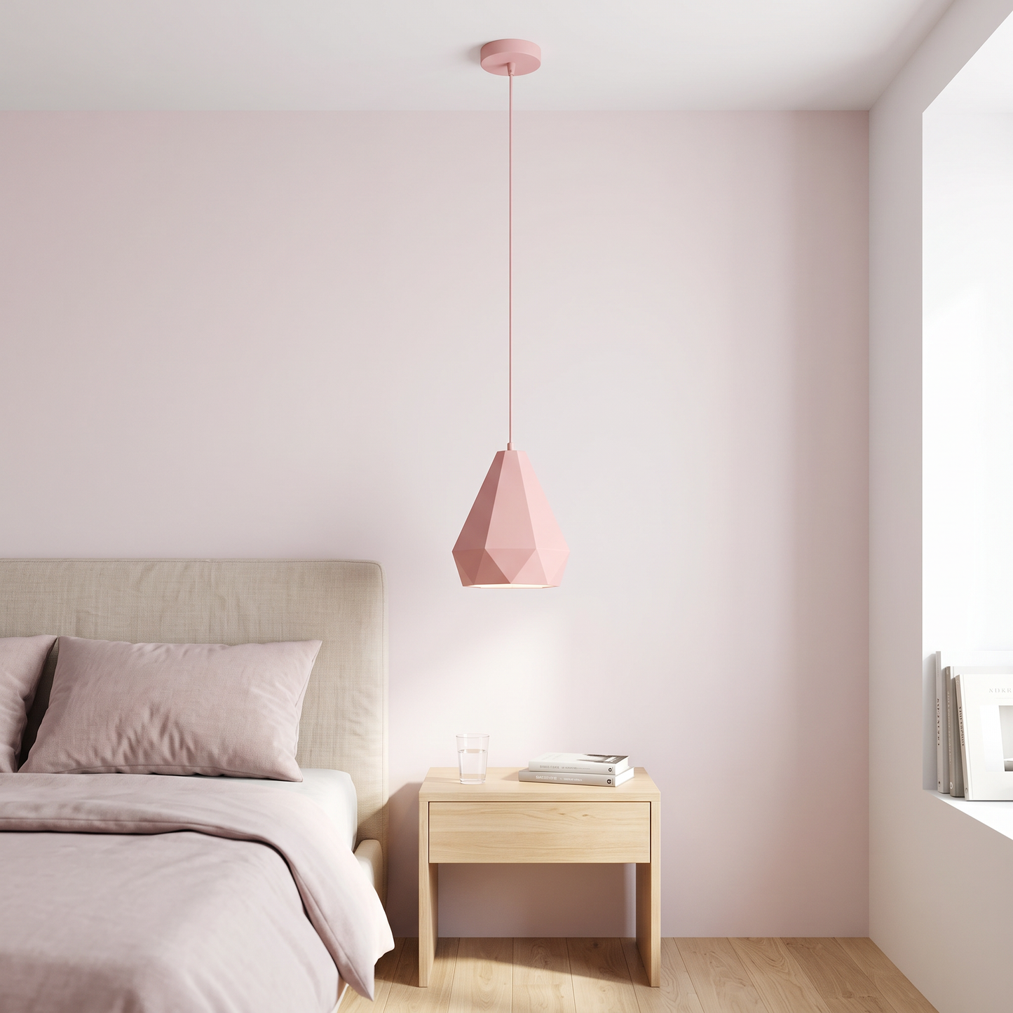 Pink geometric LED pendant light in a pastel bedroom