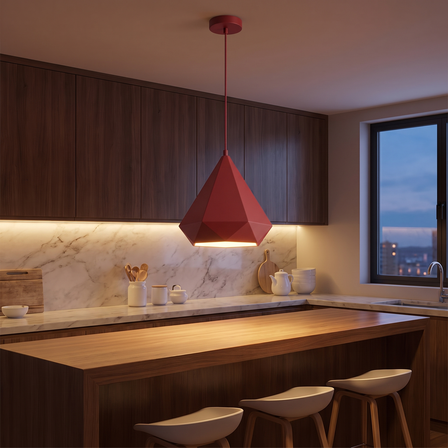 Red geometric LED pendant light above a breakfast bar