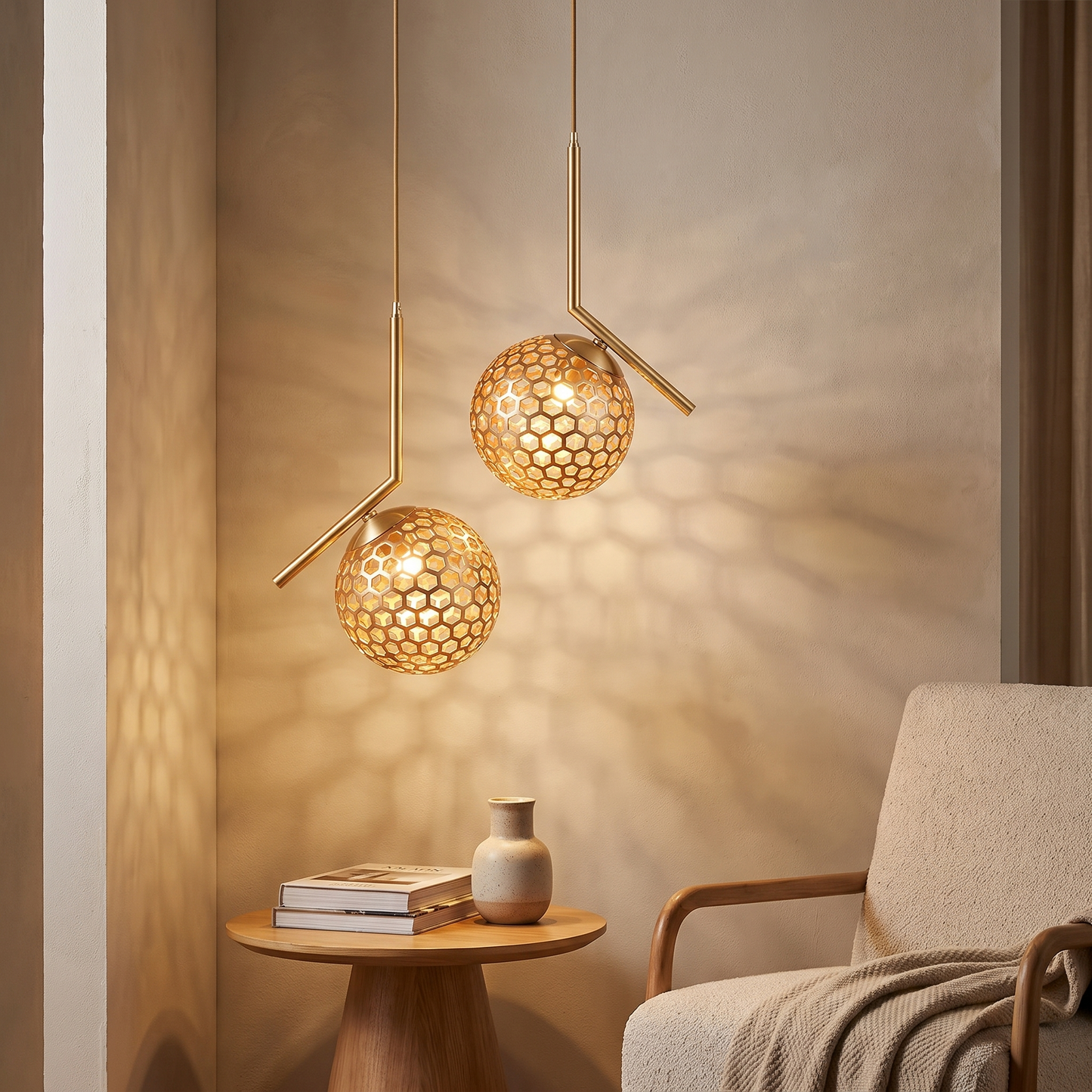 Copper gold spherical honeycomb pendant light in a living room