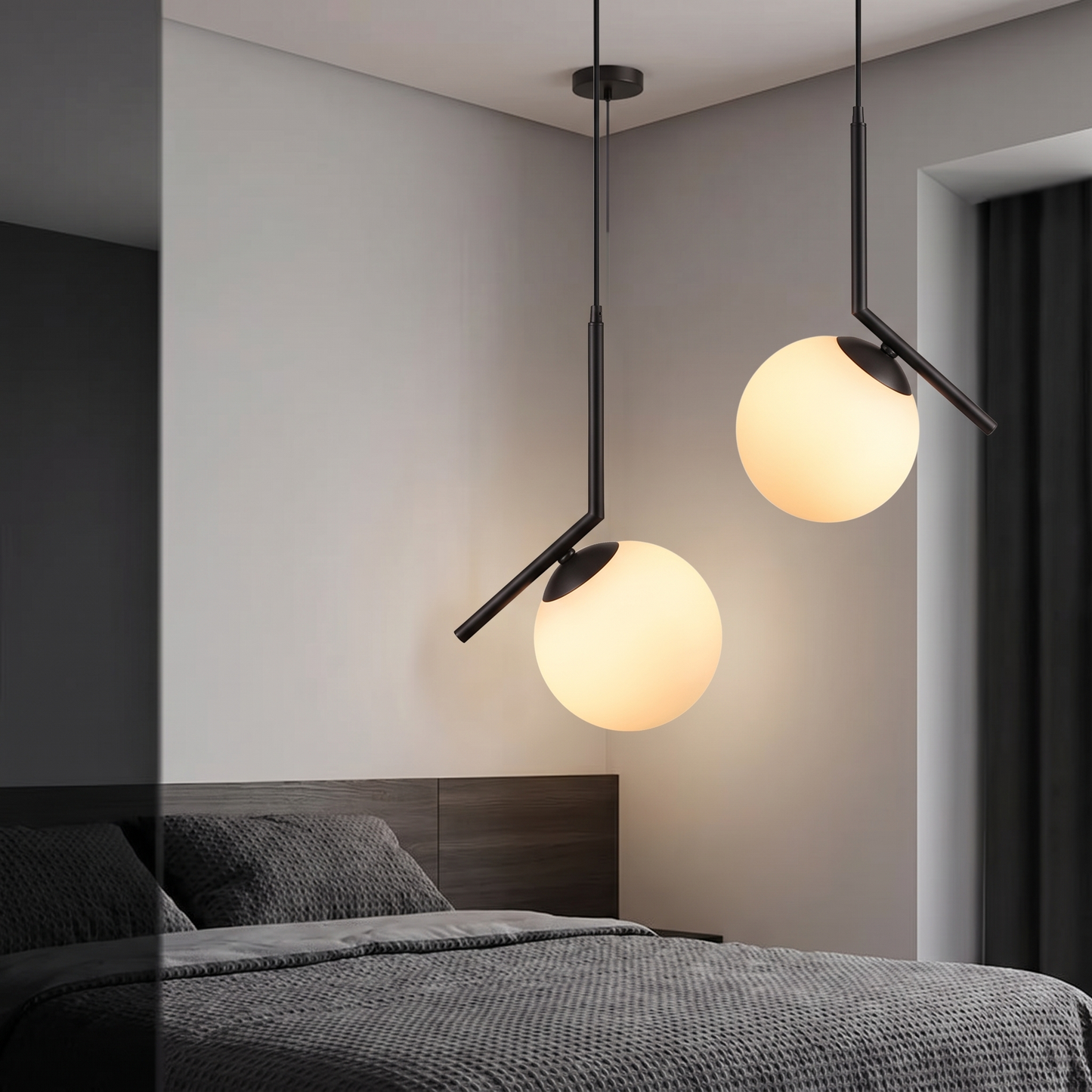 Copper black bedroom pendant light in a contemporary bedroom