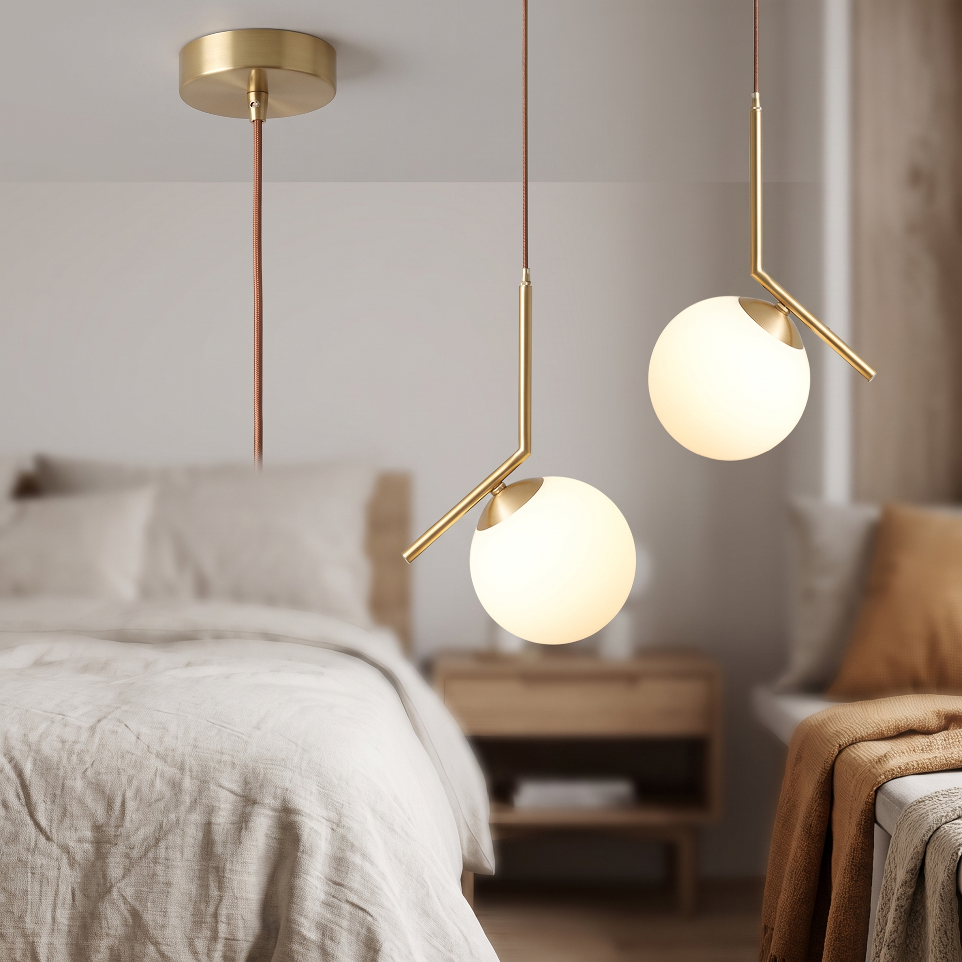 Bedroom pendant light shade and copper fitting detail