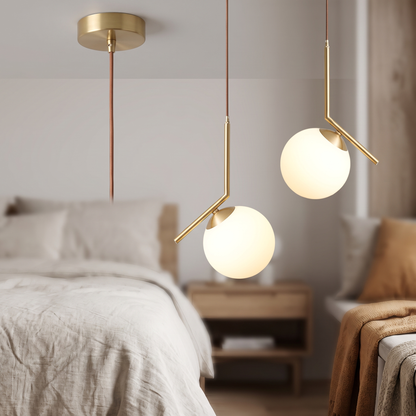 Bedroom pendant light shade and copper fitting detail