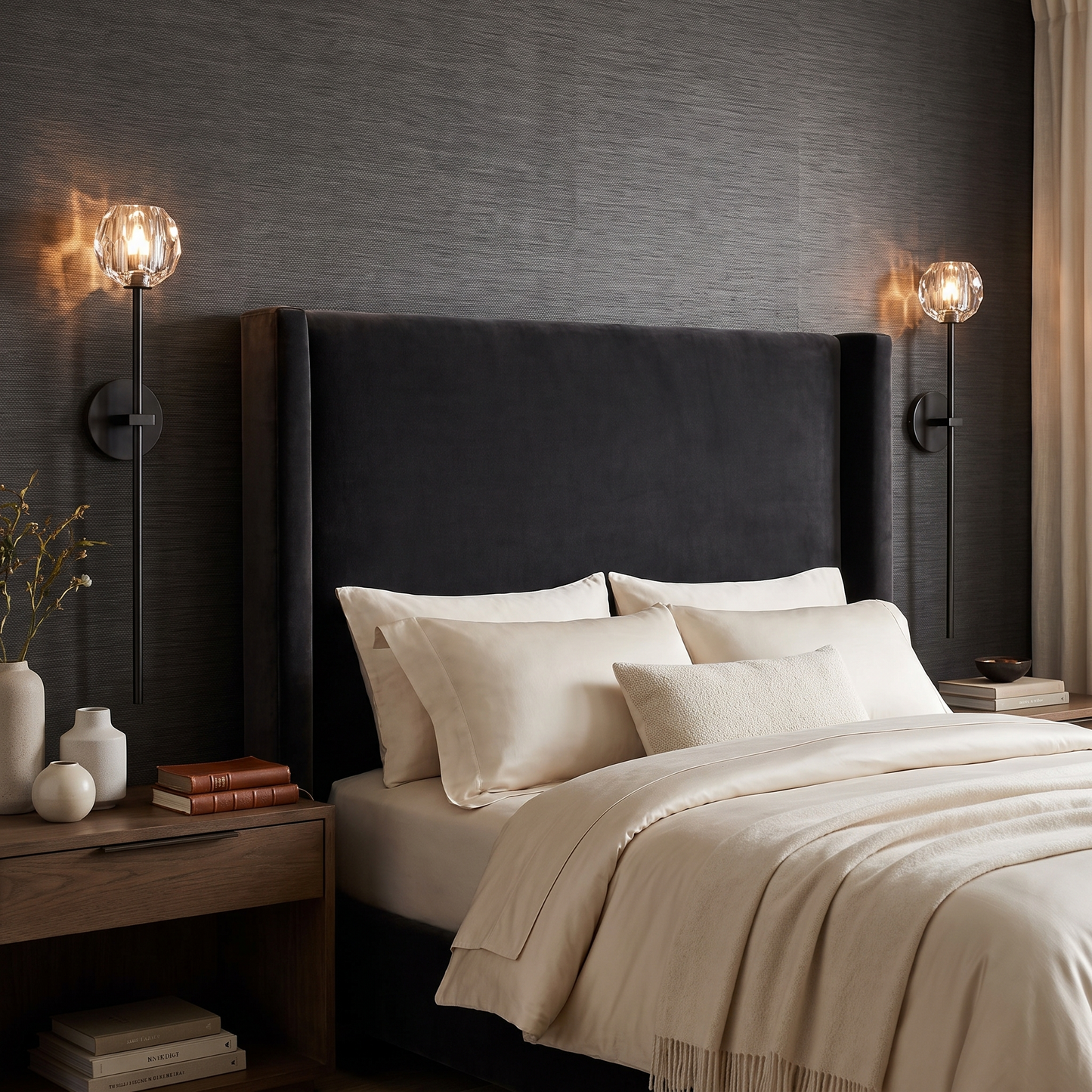 Pair of Balle crystal wall sconces either side of a bed