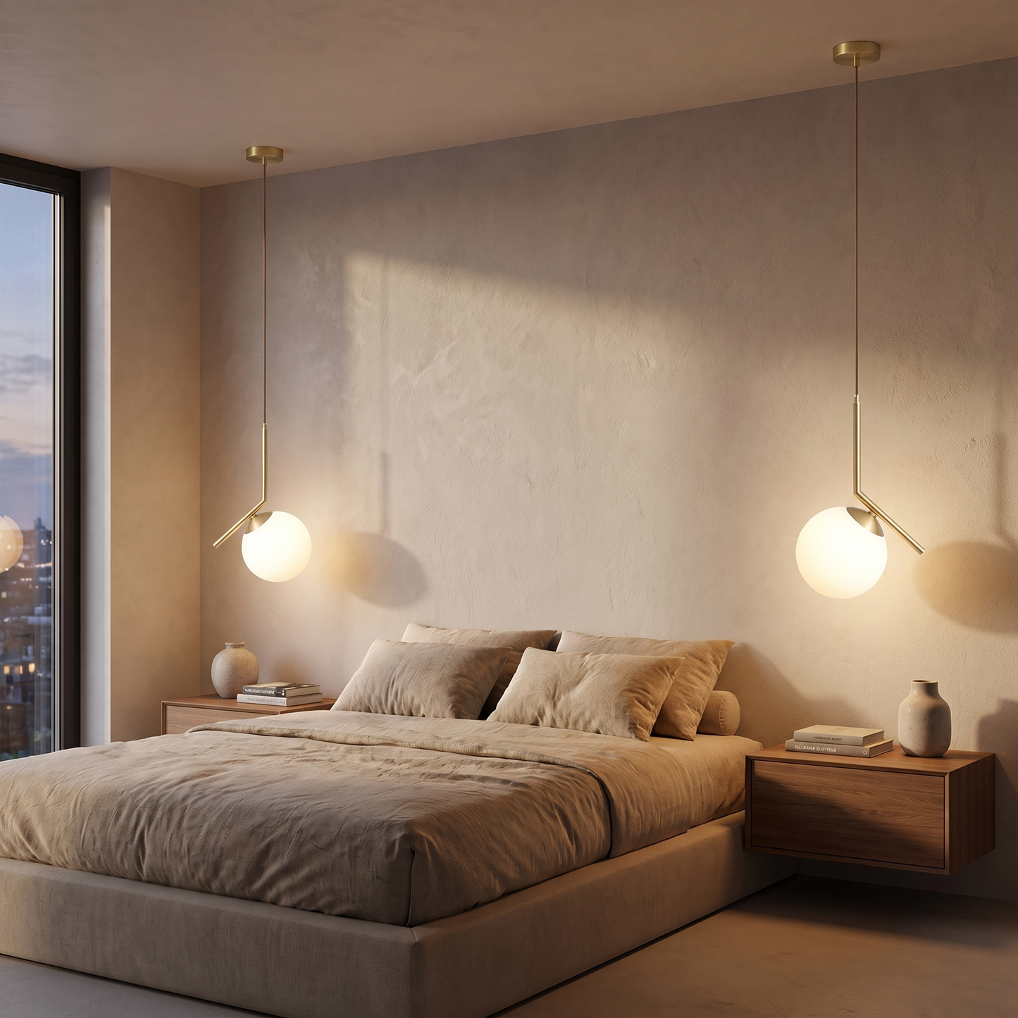 Pair of bedroom pendant lights either side of a bed