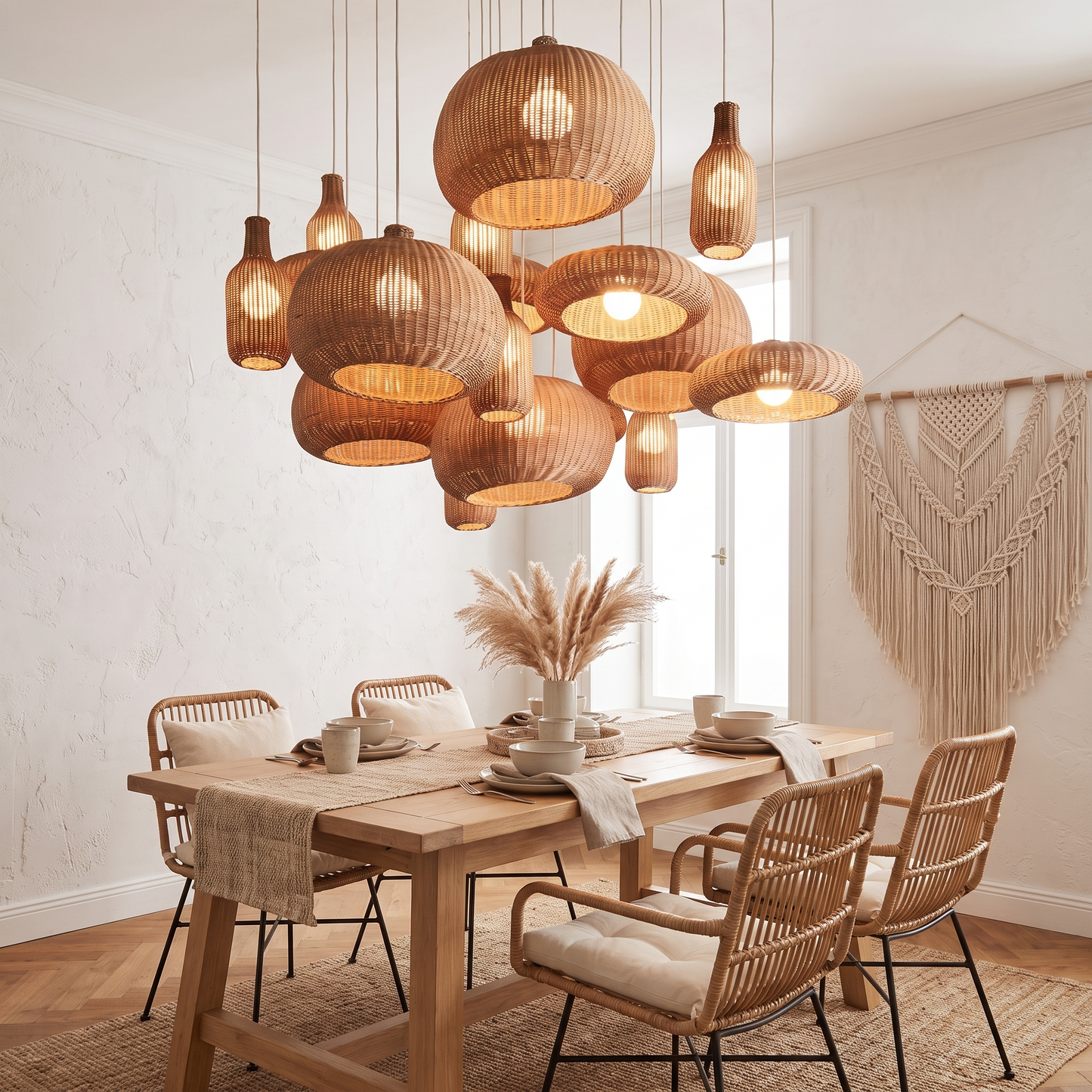 Nordic handwoven rattan chandelier above a dining table