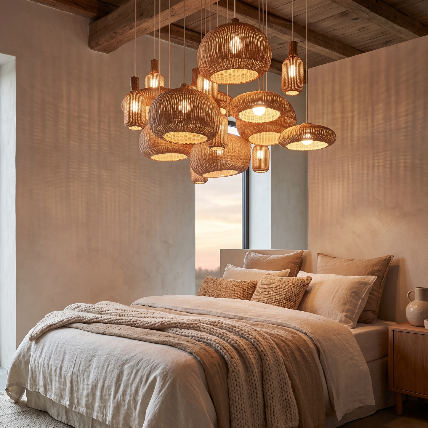 Handwoven rattan chandelier in a calm bedroom