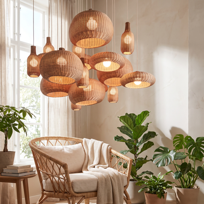 Handwoven rattan chandelier in a sunlit reading corner