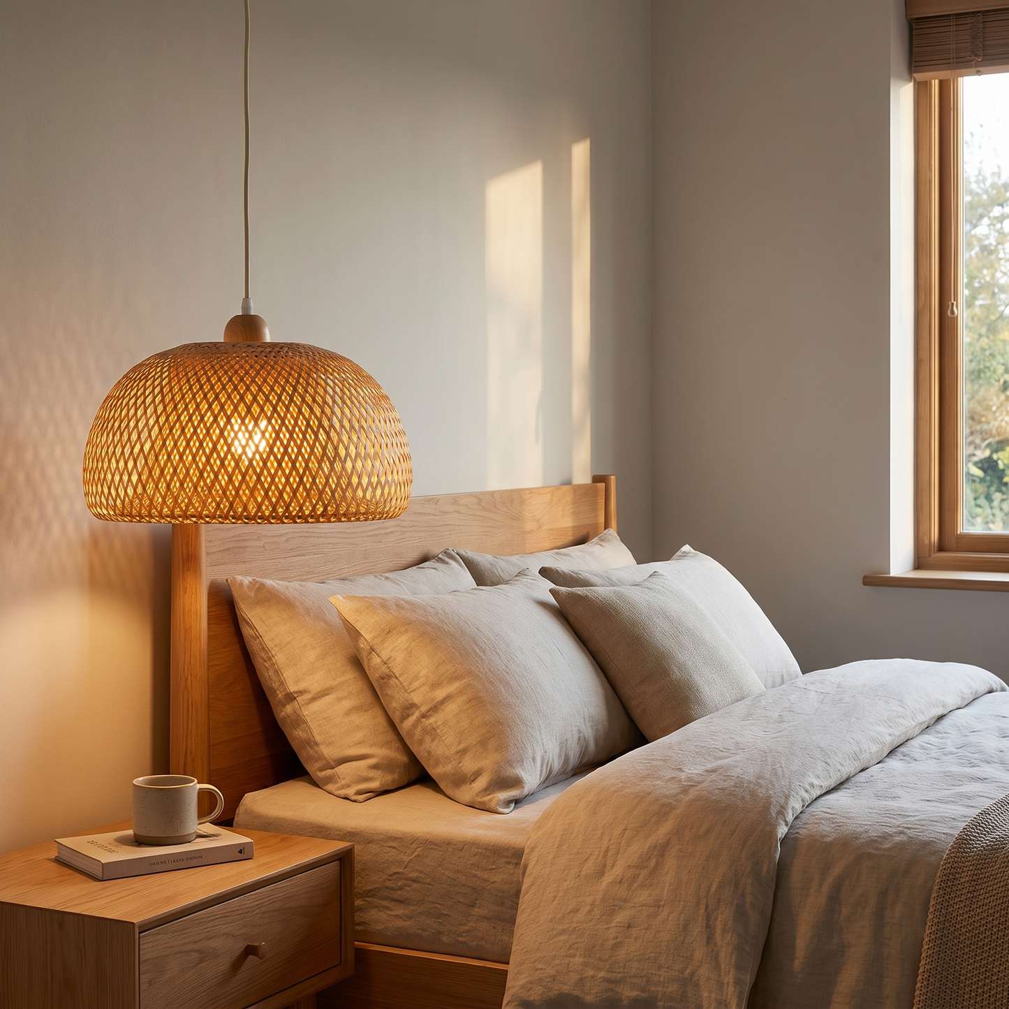 Woven bamboo pendant light beside a bed