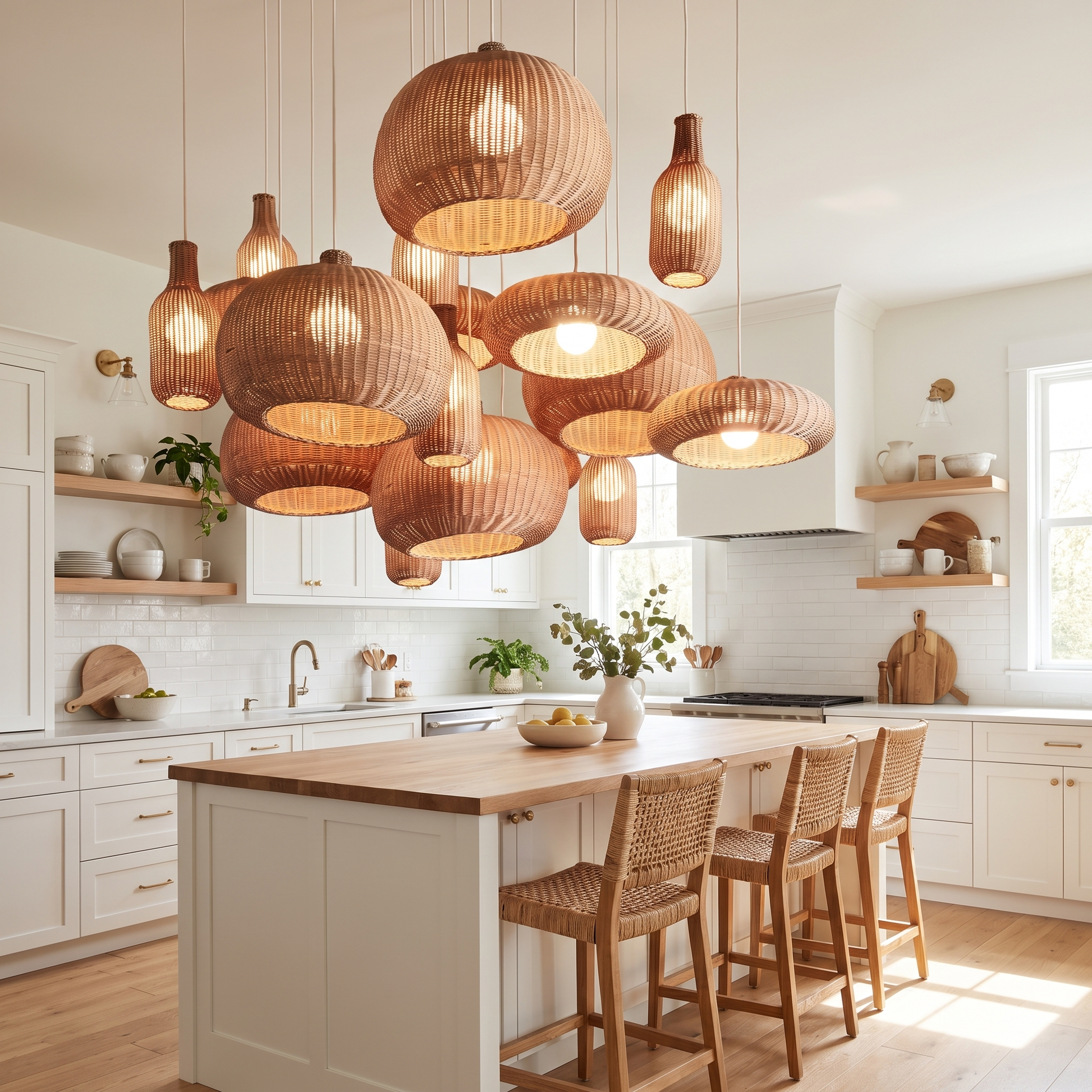 Handwoven rattan chandelier above a kitchen island