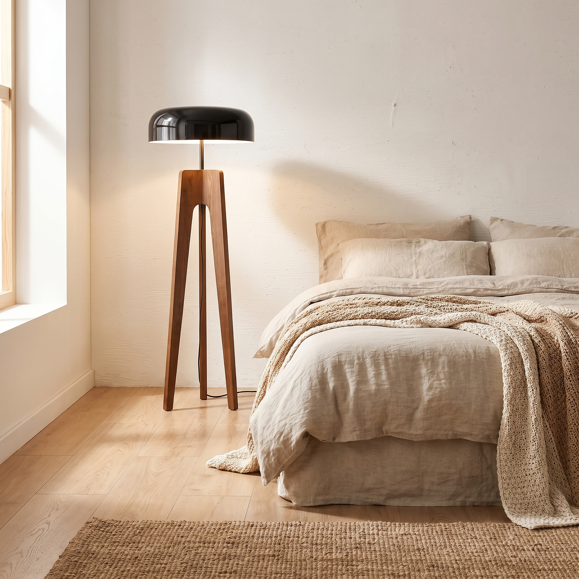 Solid wood floor lamp in a minimalist bedroom corner