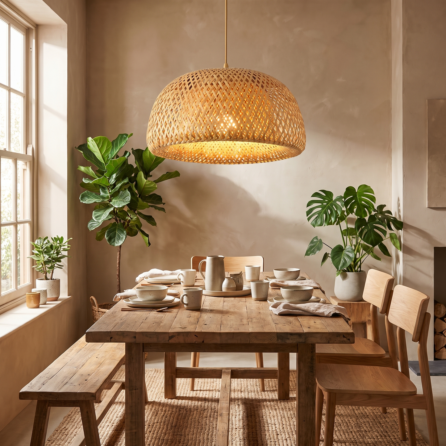 Woven bamboo pendant light above a timber dining table