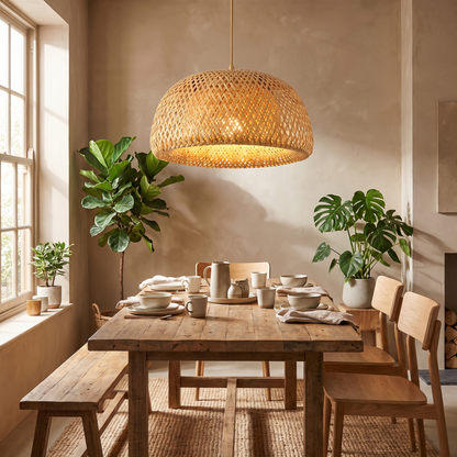 Woven bamboo pendant light above a timber dining table