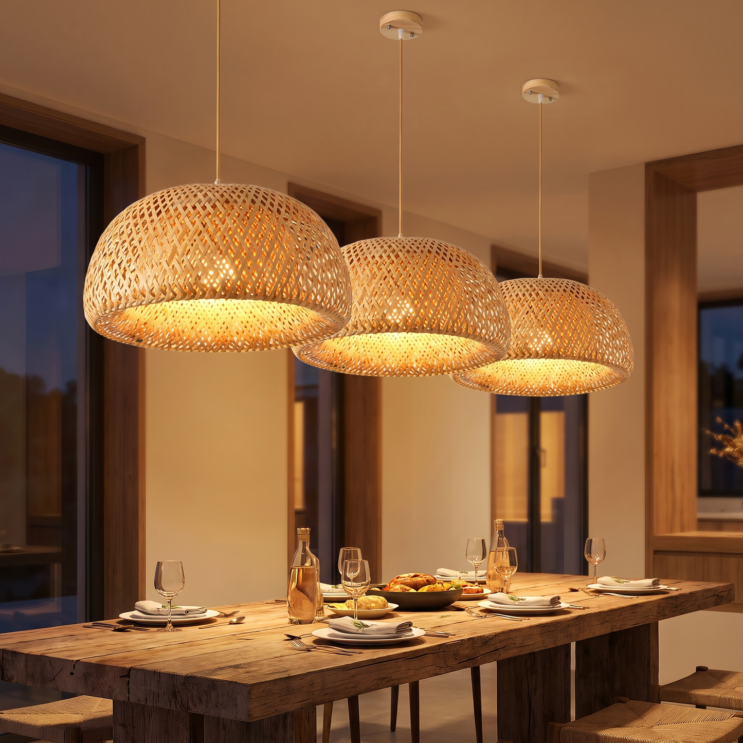 Three woven bamboo pendant lights above a dining table