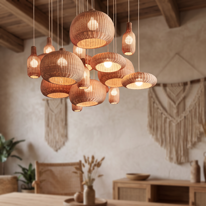 Handwoven rattan chandelier weave detail