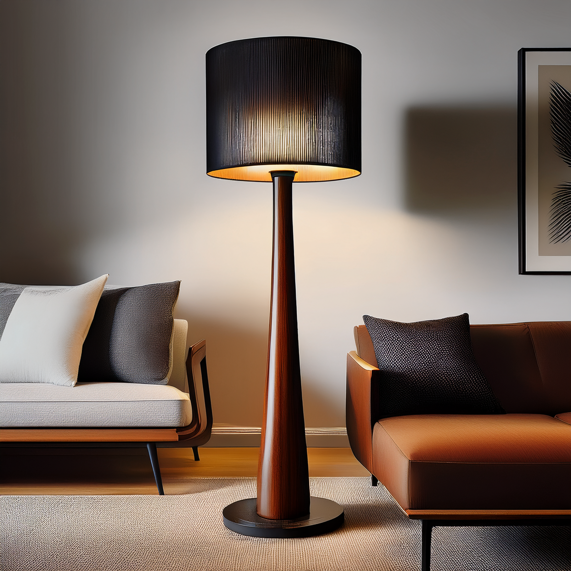 Black walnut solid wood floor lamp beside a sofa