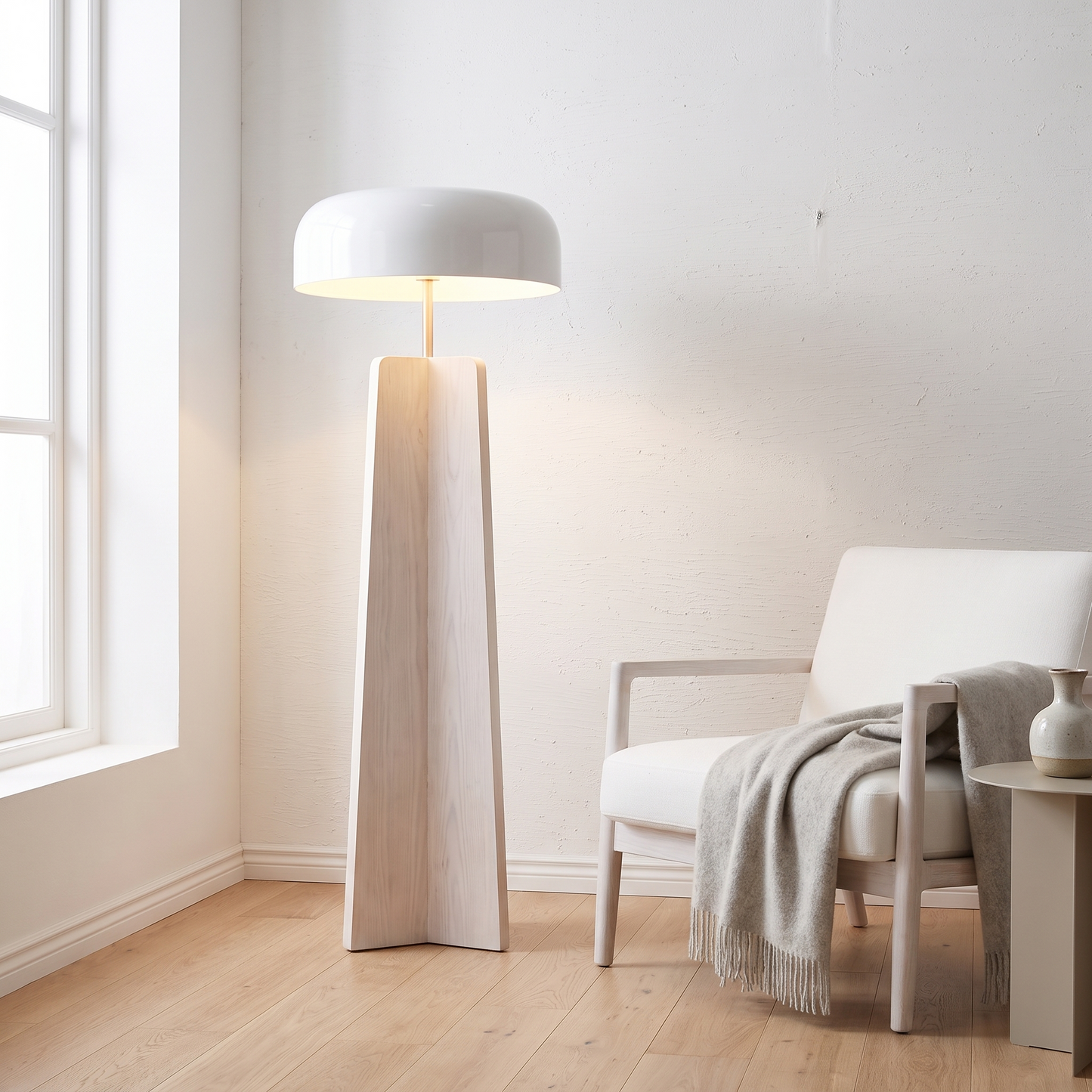 White wood solid wood floor lamp in a Scandinavian living room