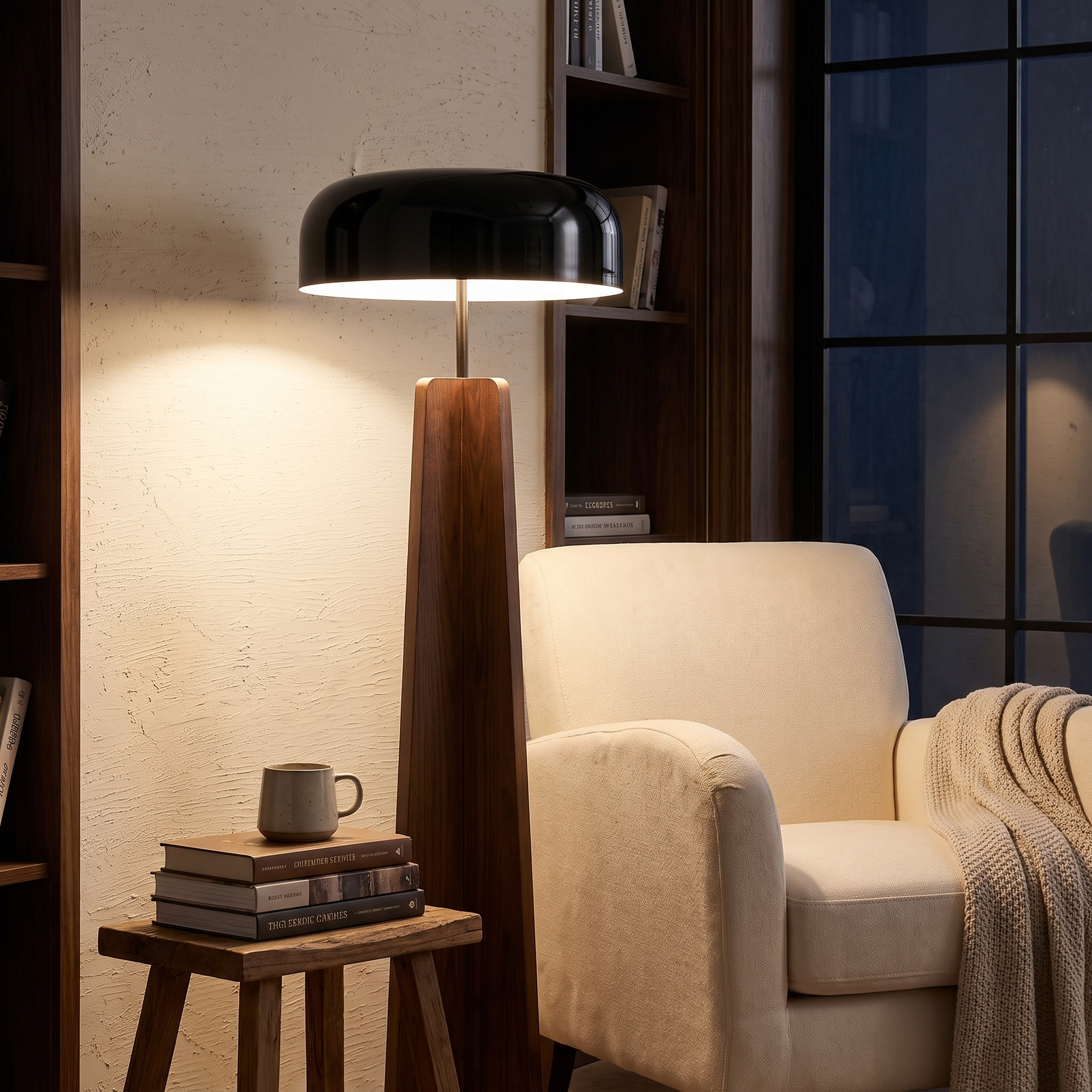 Solid wood floor lamp in a reading nook