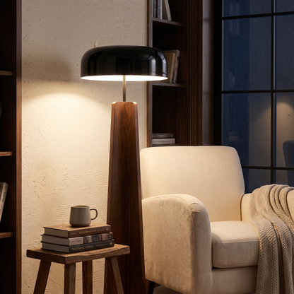 Solid wood floor lamp in a reading nook