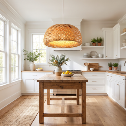 Woven bamboo pendant light above a coastal kitchen island