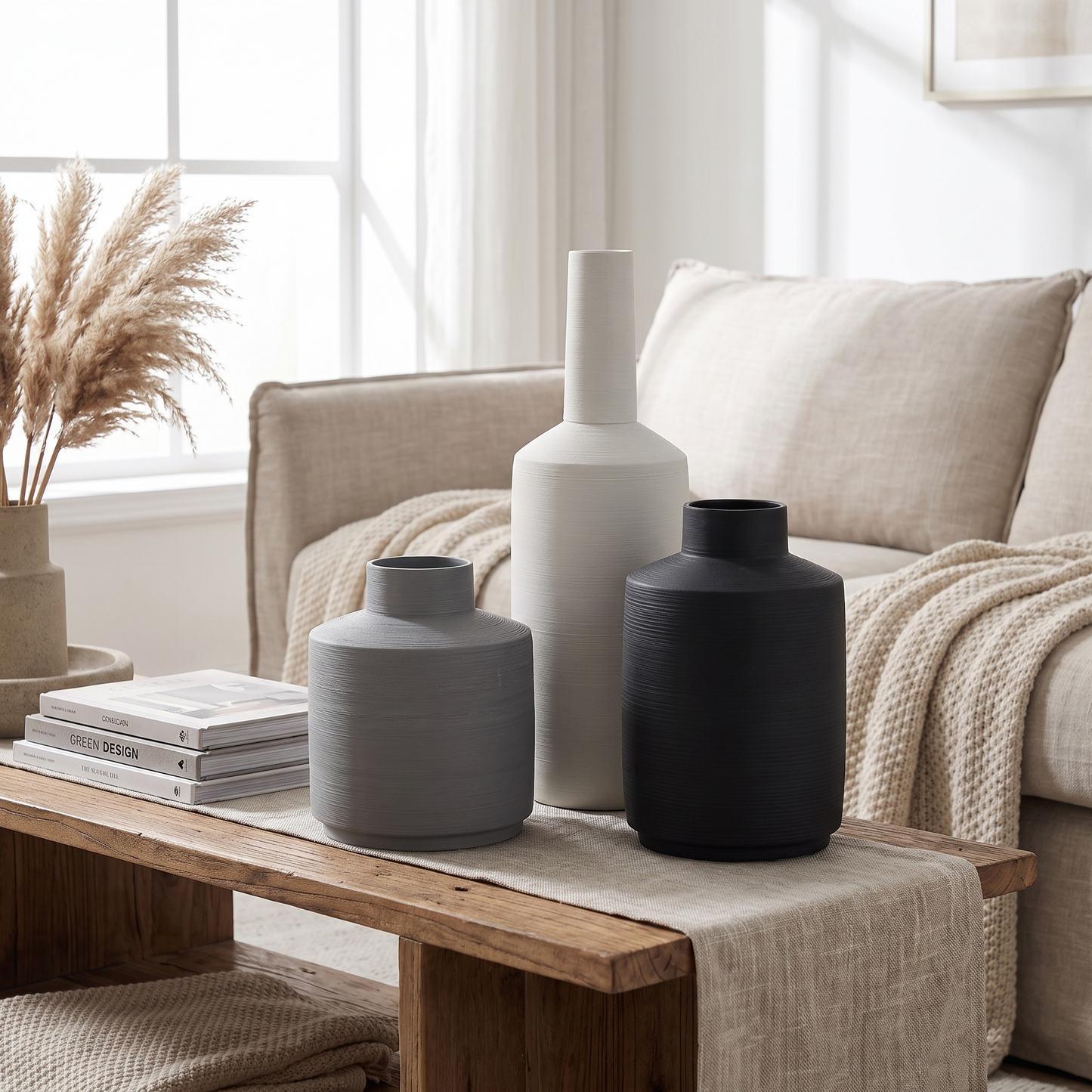 Set of handcrafted ceramic vases grouped on a shelf