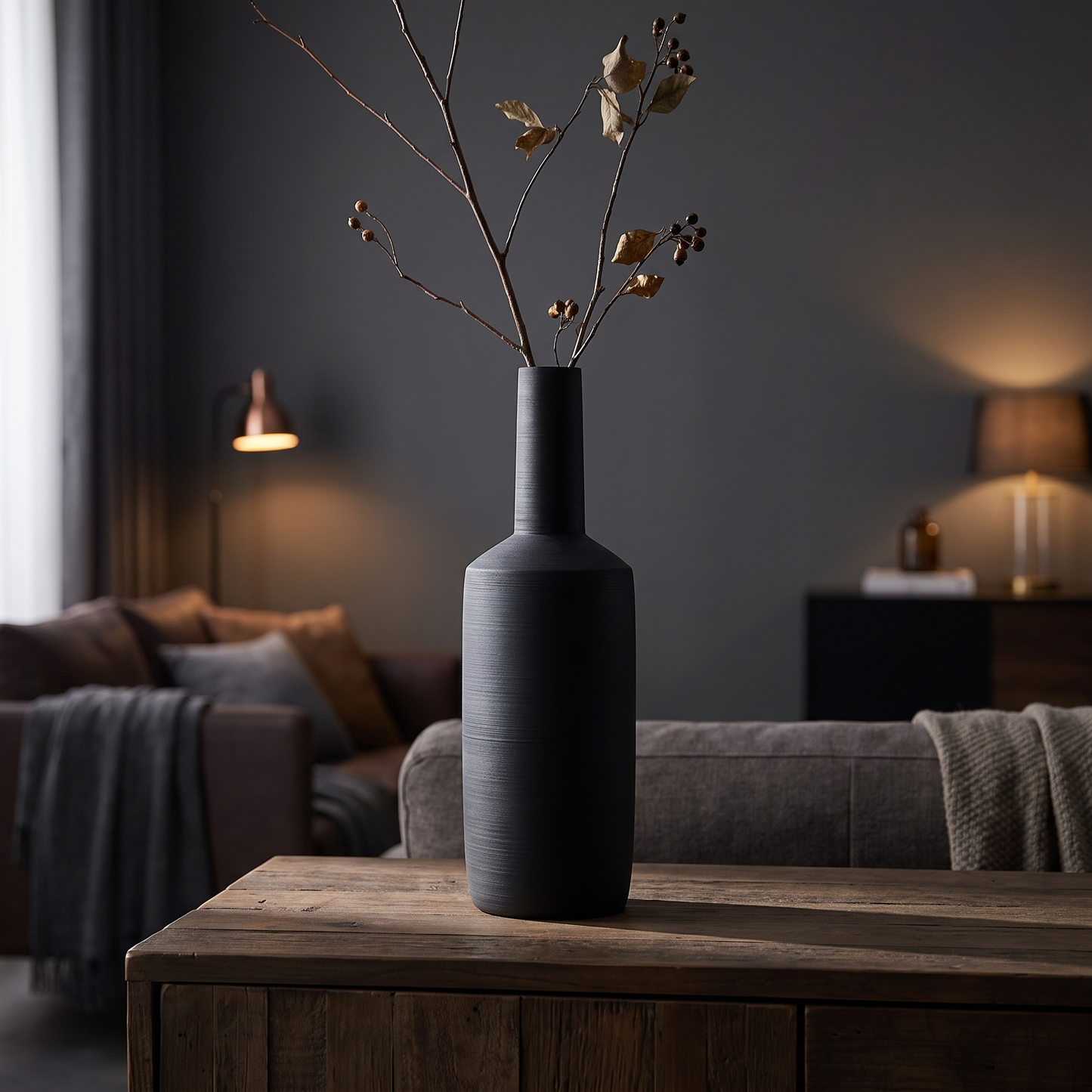 Elegant black ceramic vase on a dark sideboard
