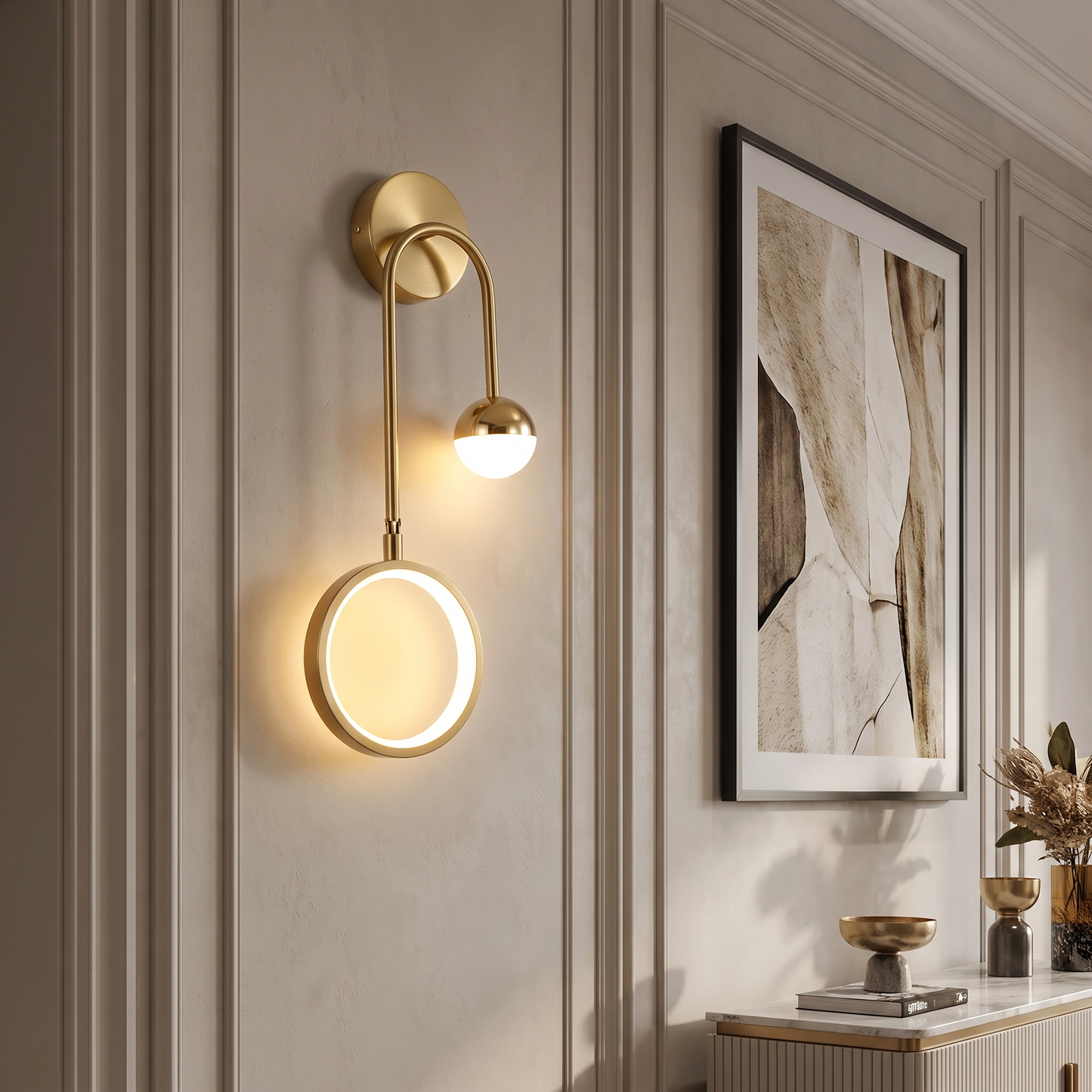 Right-facing Modern Malibu wall sconce in a hallway