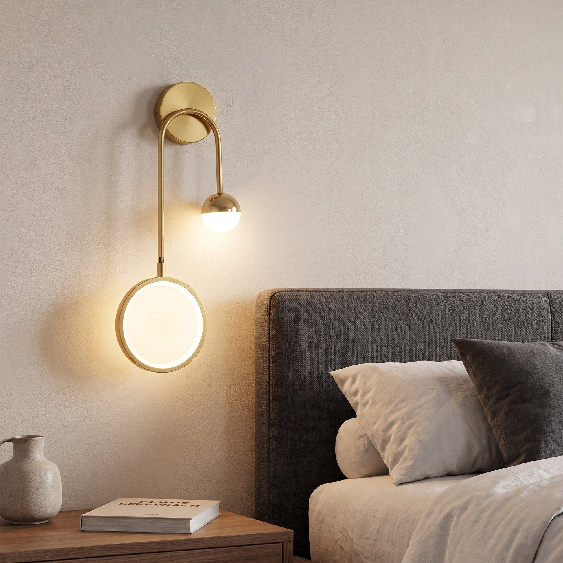 Left-facing Modern Malibu wall sconce beside a bed