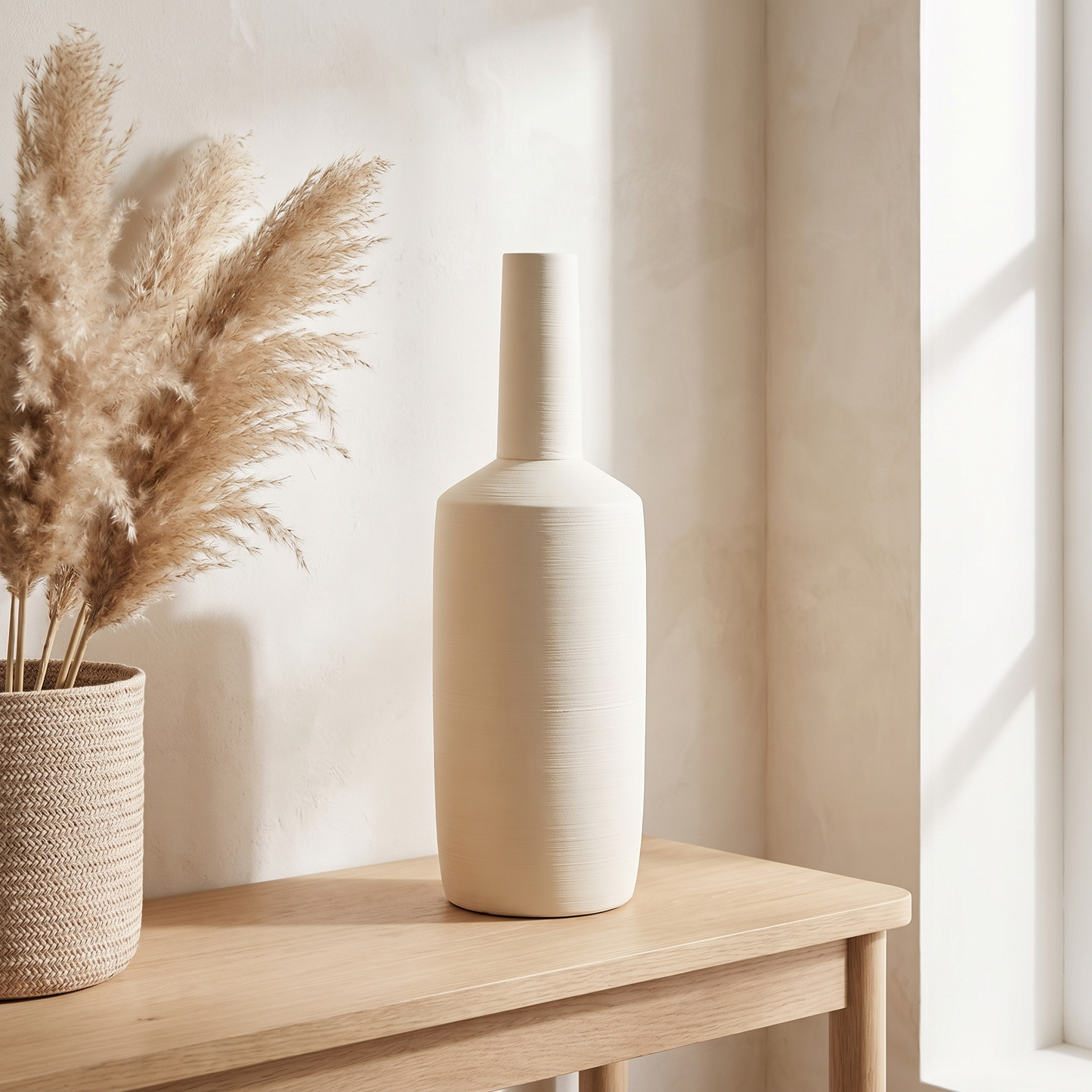 Ivory handcrafted ceramic vase styled on a console table