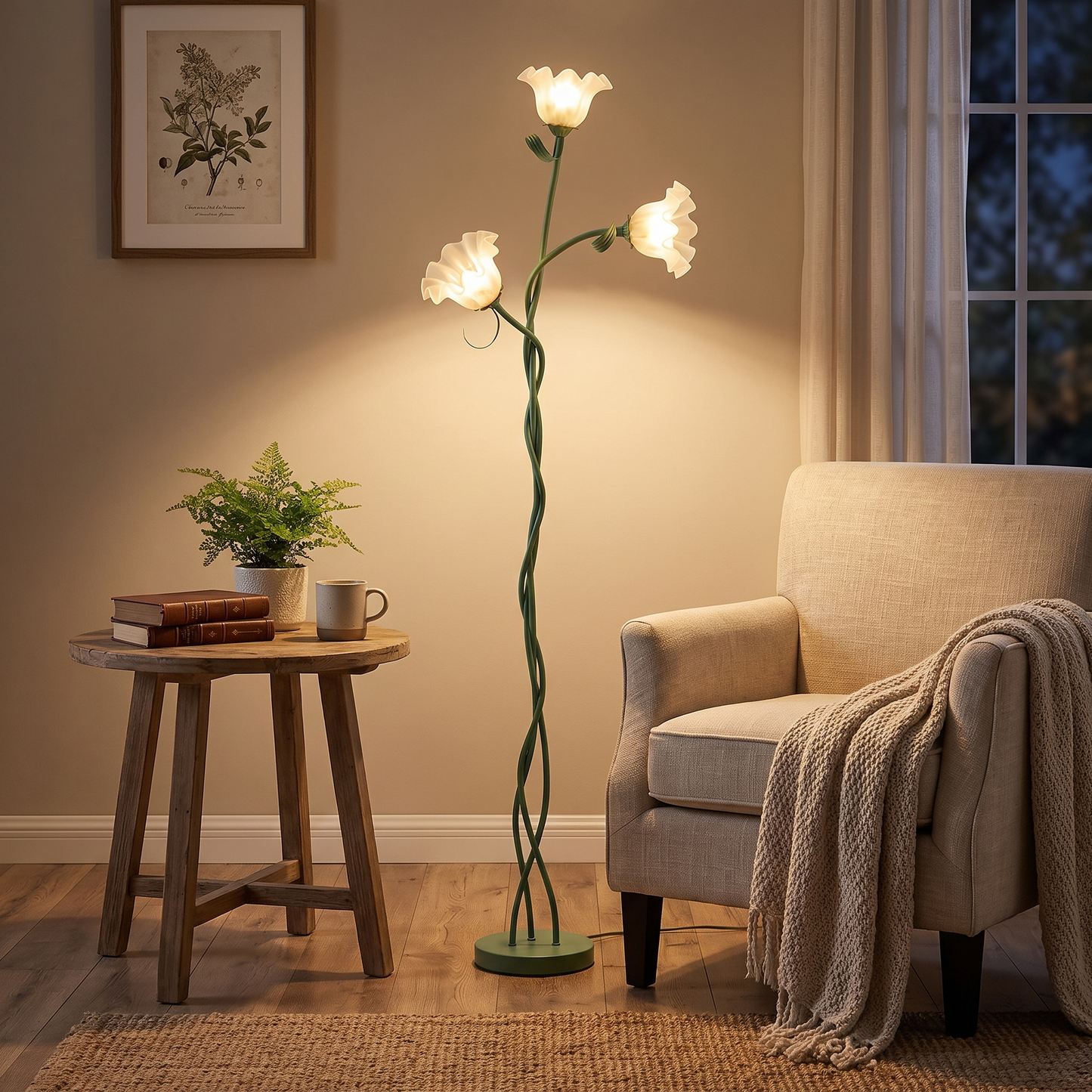 Cream floor lamp in a reading nook