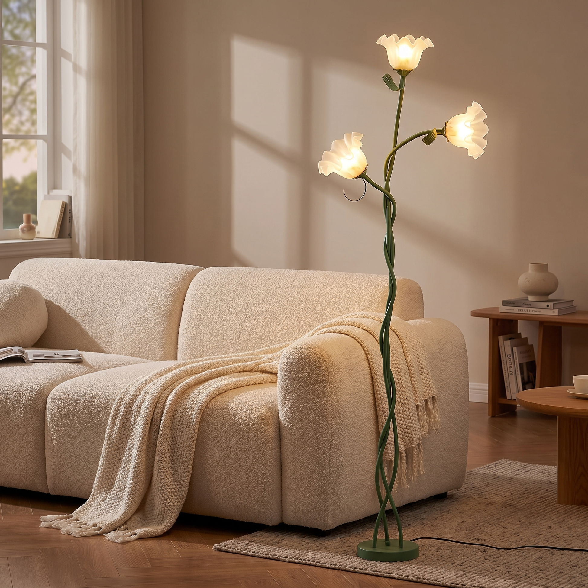 Three-head cream floor lamp beside a sofa