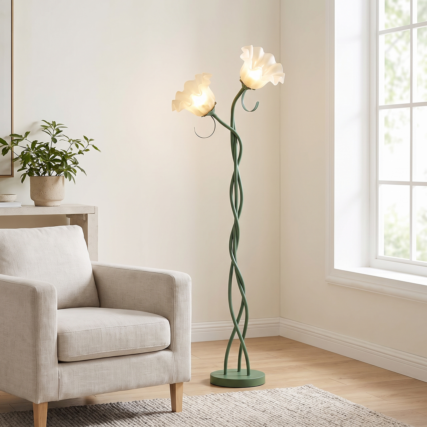 Two-head cream floor lamp in a minimalist living room