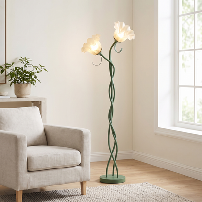 Two-head cream floor lamp in a minimalist living room