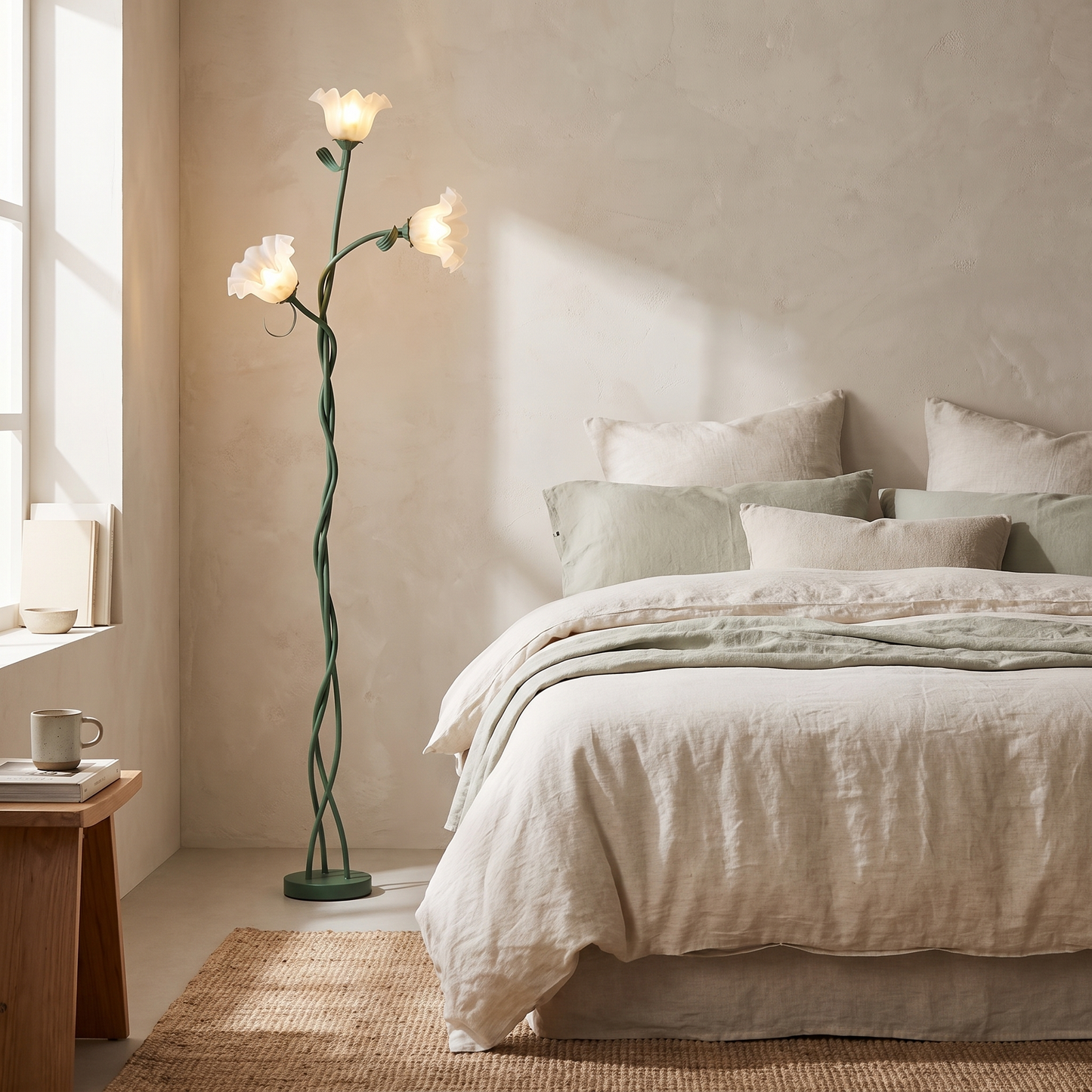 Cream floor lamp in a calm bedroom corner