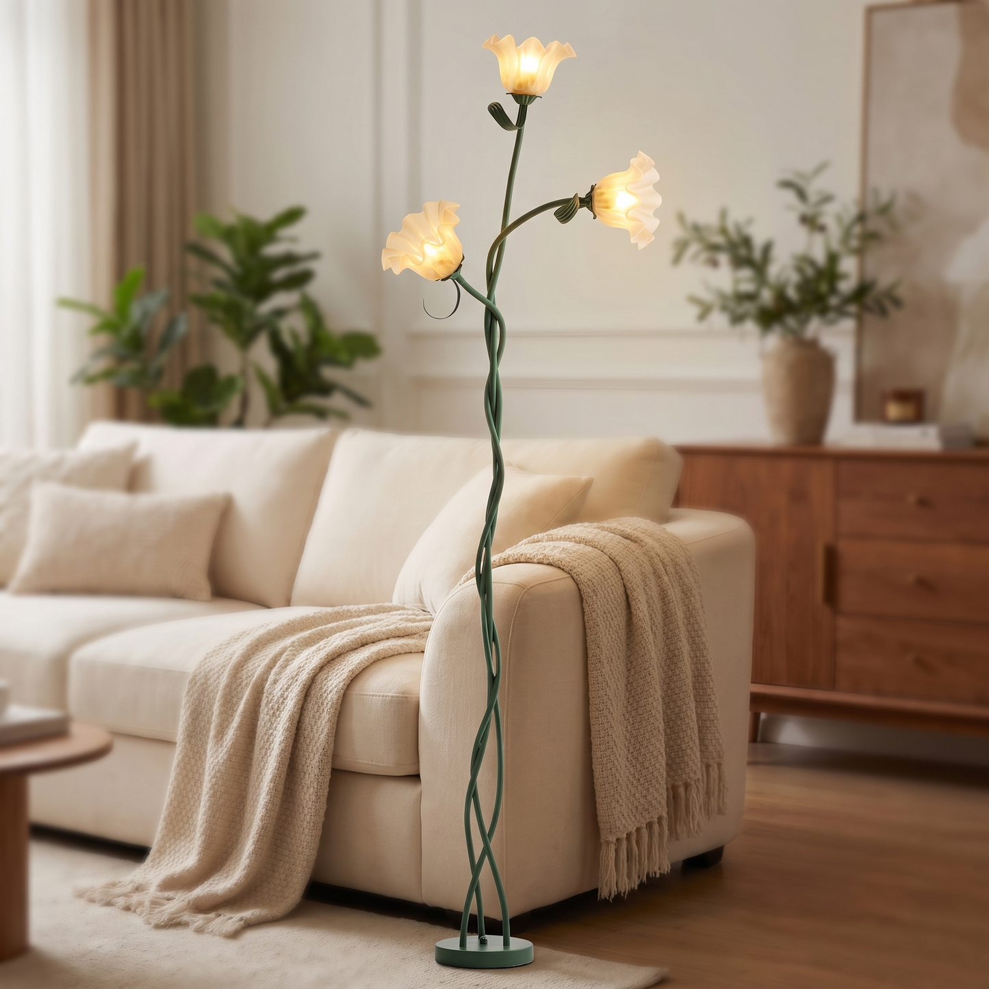 Cream floor lamp shade and stem detail