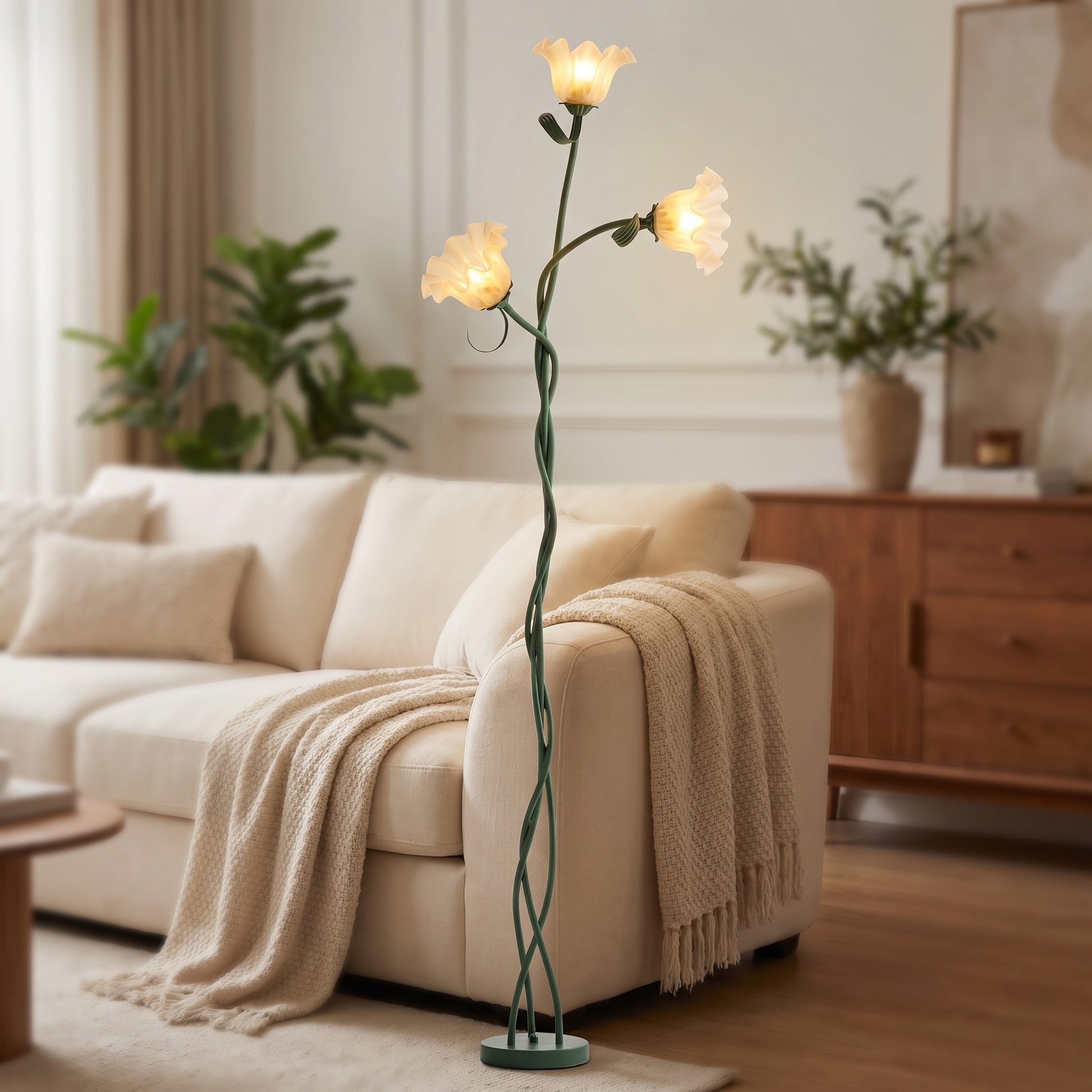 Cream floor lamp shade and stem detail