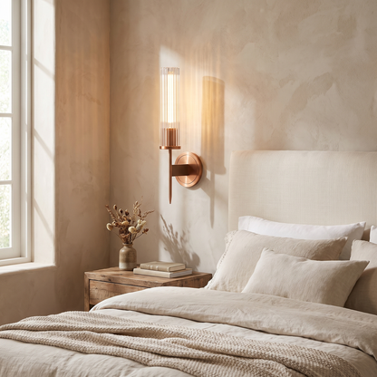 All-copper single head Amorra crystal wall sconce beside a bed