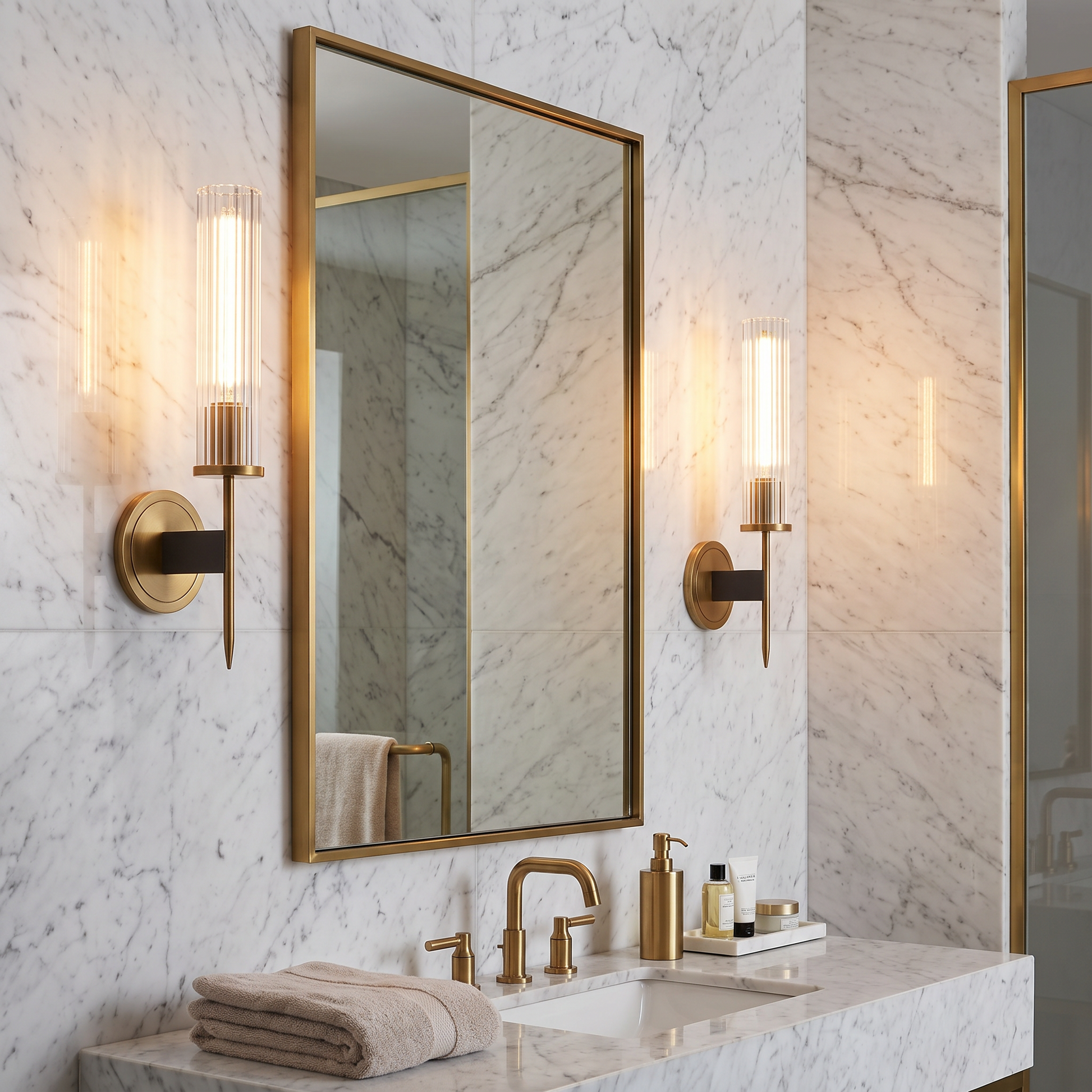 Pair of Amorra crystal wall sconces either side of a mirror