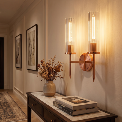 All-copper double head Amorra crystal wall sconce in a hallway