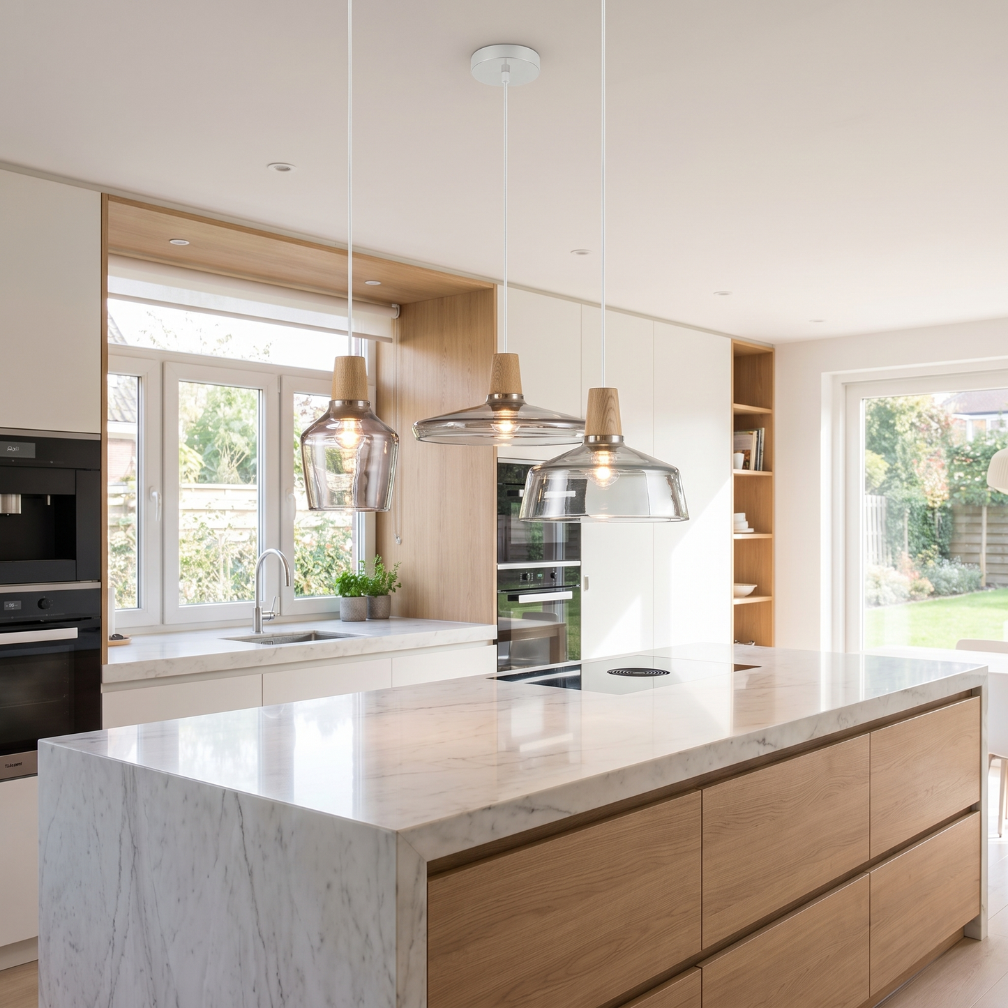 Three-head glass pendant light above a kitchen island
