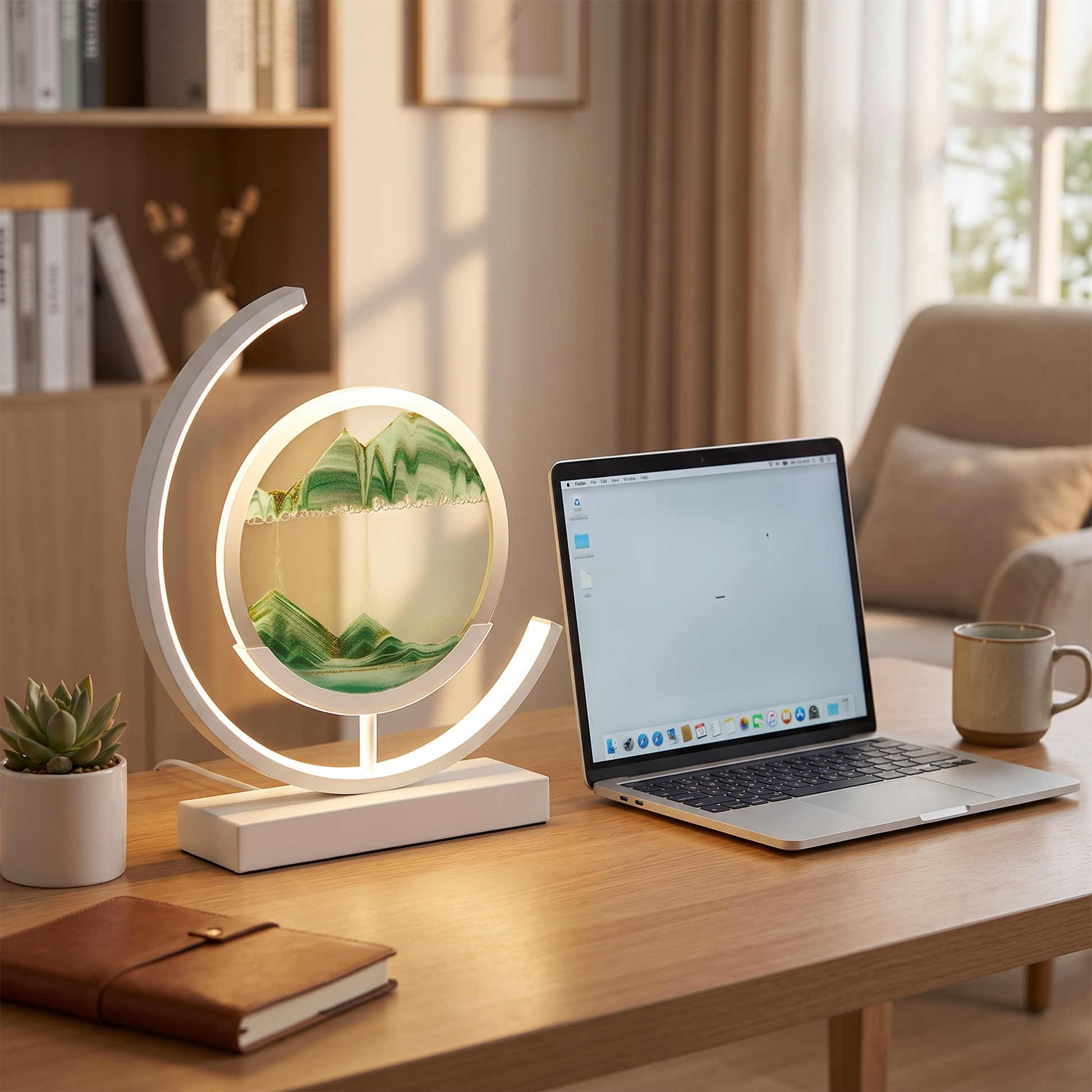 Hourglass table lamp on a home office desk