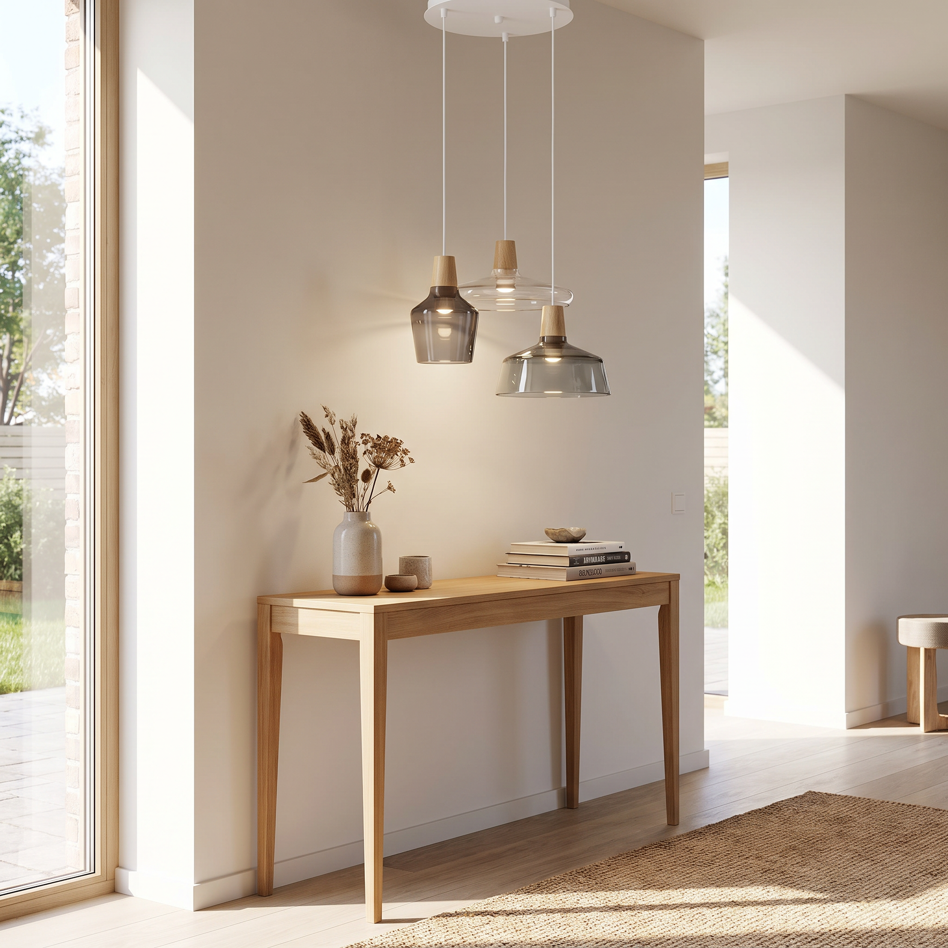 Three-head glass pendant light in an entryway