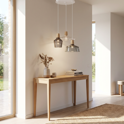 Three-head glass pendant light in an entryway