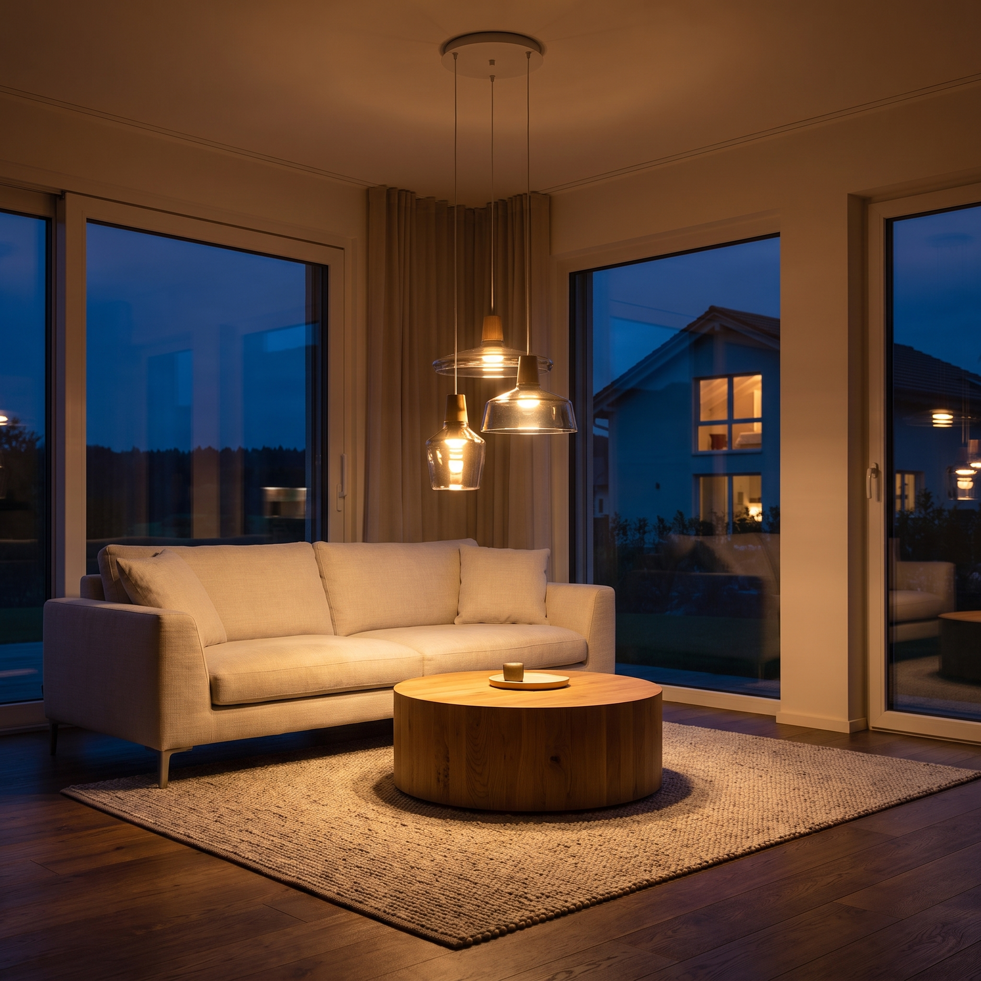 Three-head glass pendant light in a living room