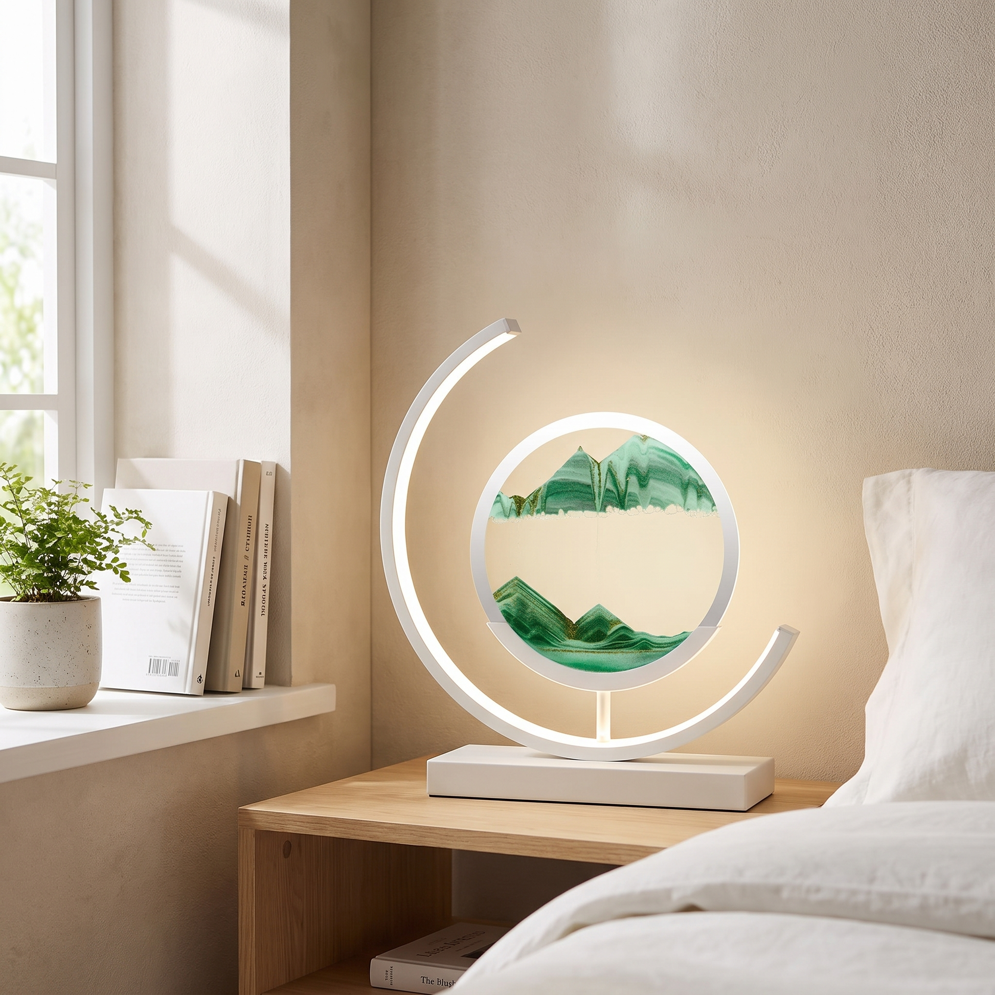 White hourglass table lamp on a bedside table