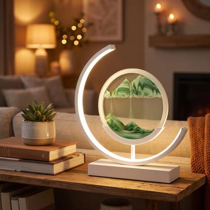 Hourglass table lamp on a styled living room shelf