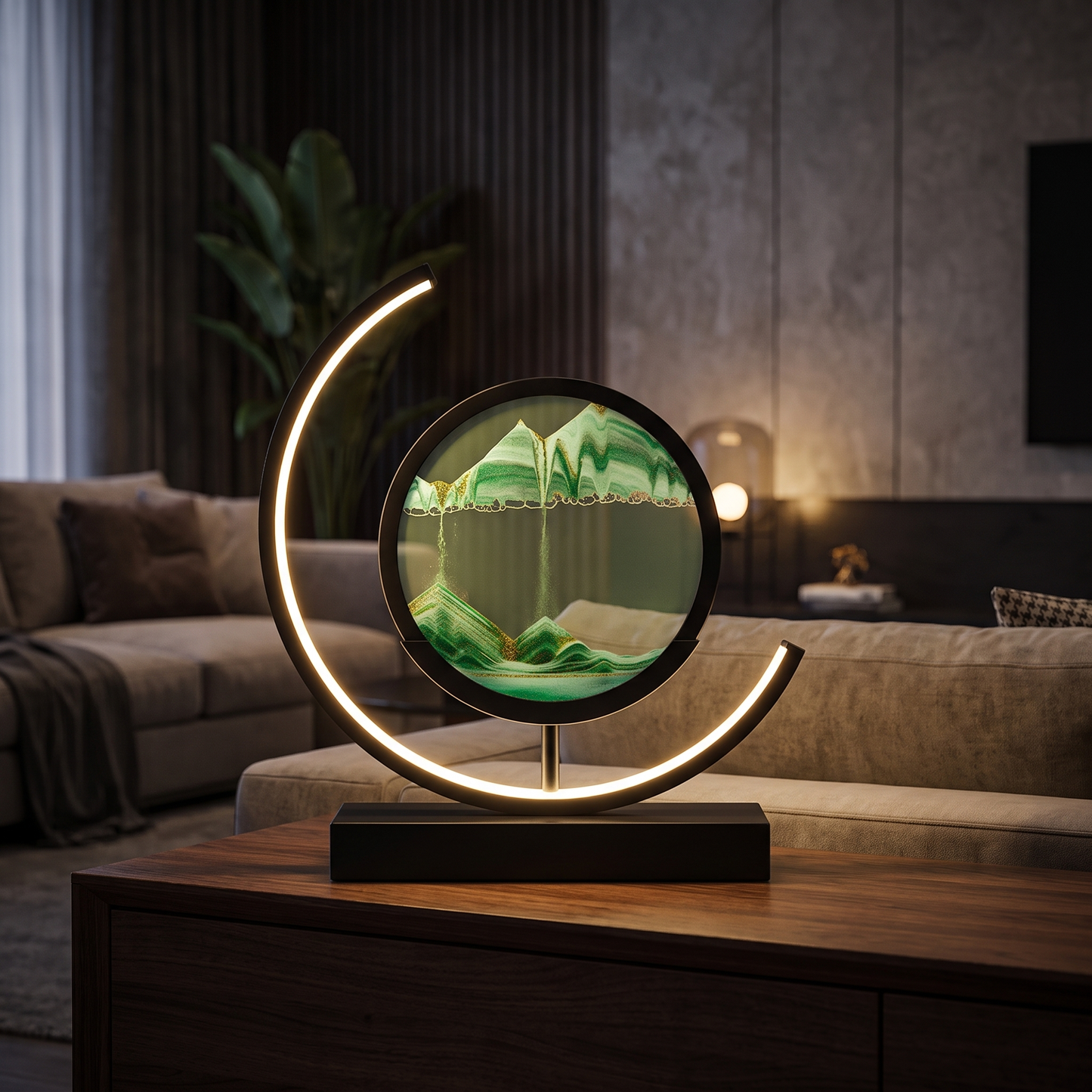 Black hourglass table lamp on a dark console
