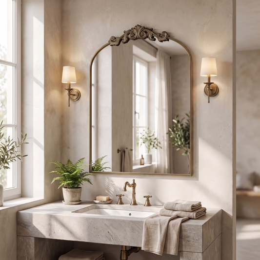 LuxAura Vintage Carved Arch Mirror above a bathroom vanity
