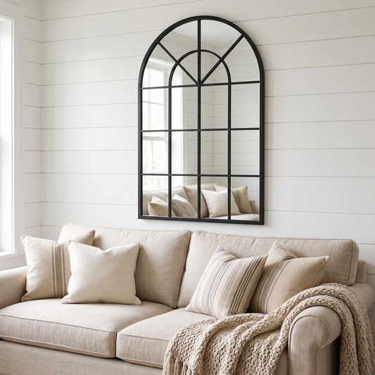 LuxAura Windowpane Arch Mirror in a farmhouse living room