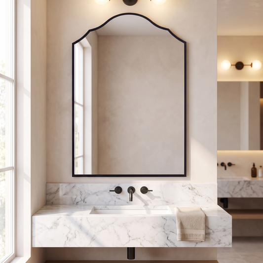 LuxAura Artisan Arch Mirror above a bathroom vanity
